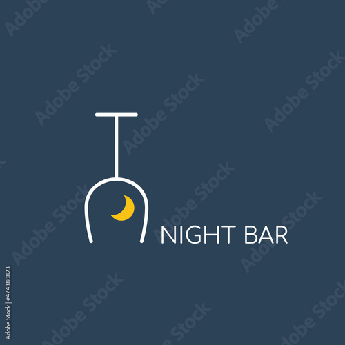Minimalistic logo for alcoholic bar, shop, restaurant. An upside-down glass with a month and the word "night bar" written on it. Isolated on dark blue background.