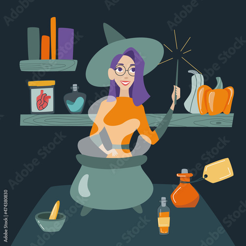 Hallowe'en. The spirits of the dead return to earth. I put A Spell On You. A witch brews a potion in a cauldron with a magic wand on a dark background.