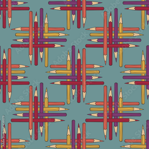 Vector seamless pattern with color pencils. Design with knotty pencils.
