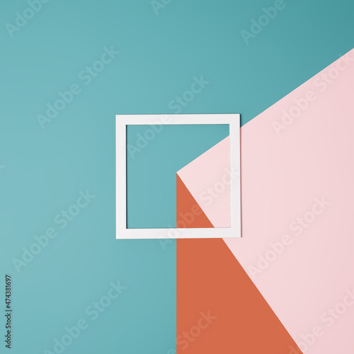 Minimal pastel pink and blue background with sqyare frame on top. Simple creative concept