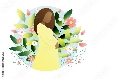 Pregnant African American woman on a summer background with flowers, motherhood. Vector illustration
