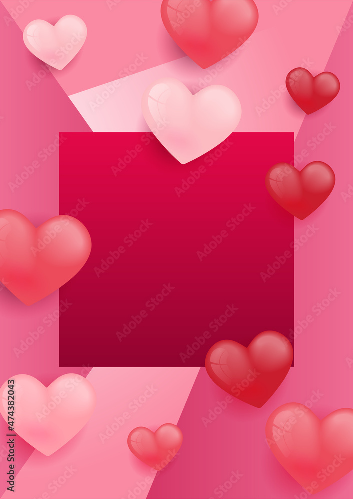Red, pink and white hearts with shiny confetti isolated on red background. Vector illustration. Paper cut decorations for Valentine's day design