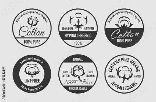 Natural biodegradable organic pure cotton circle linear badge set vector flat illustration