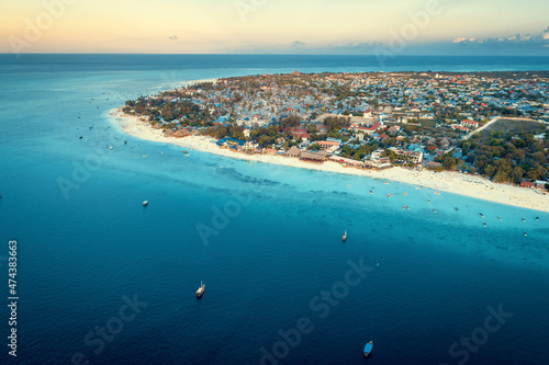 Aerial view of Nungwi Beach and village in Zanzibar, Tanzania
