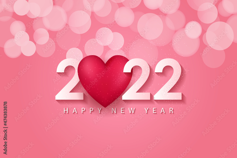 2022 happy new year greeting card with realistic love heart text style background design for greeting card, poster, banner. Vector illustration.