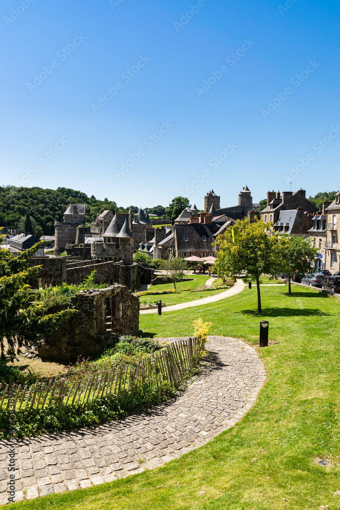 View from the viewpoint of the medieval fortified Castle of Fougeres.Blue sky on a clear sunny summer day. City of Fougeres, department of Brittany,France.