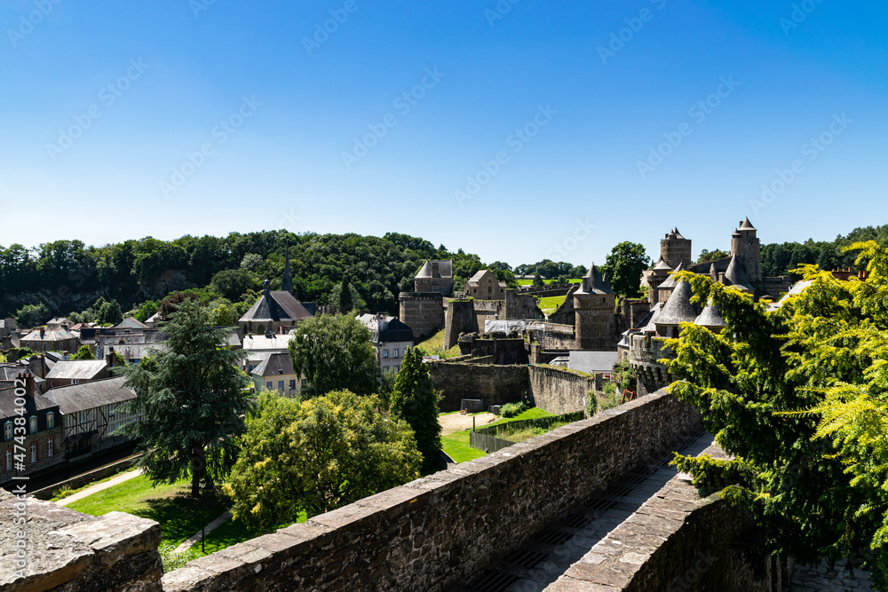 View from the viewpoint of the medieval fortified Castle of Fougeres.Blue sky on a clear sunny summer day. City of Fougeres, department of Brittany,France.