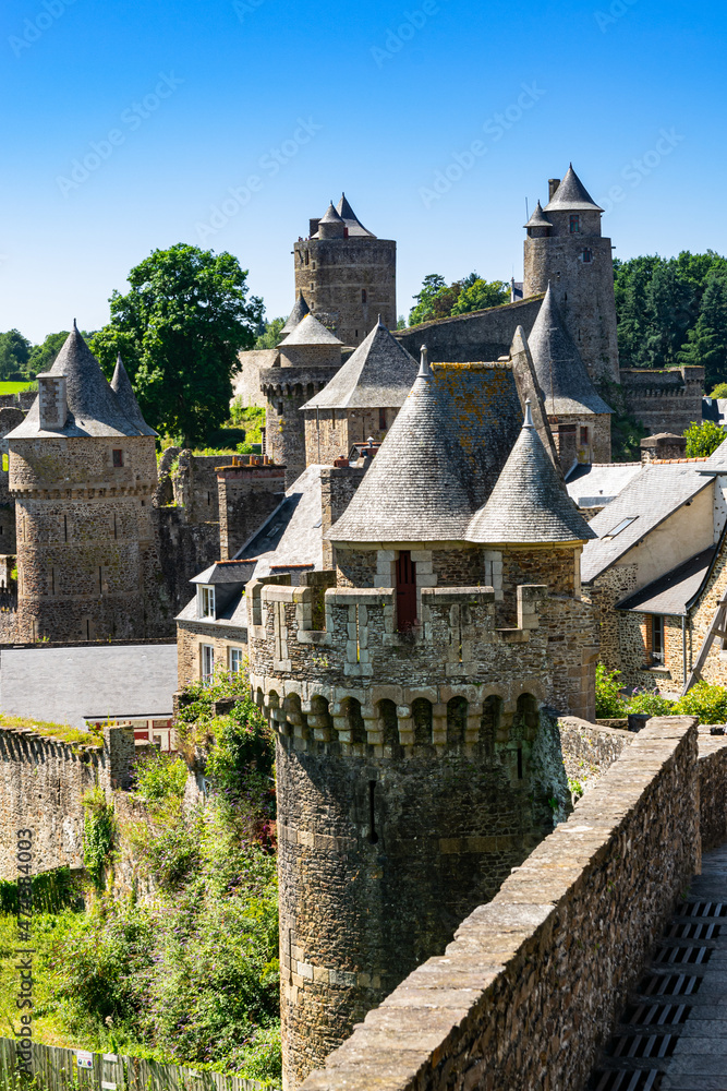 View from the viewpoint of the medieval fortified Castle of Fougeres.Blue sky on a clear sunny summer day. City of Fougeres, department of Brittany,France.