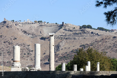 scenic view from sanctuary of asclepius to the majestic acropolis with steepest ancient theatre in the world, ruins of Pergamon, Turkey