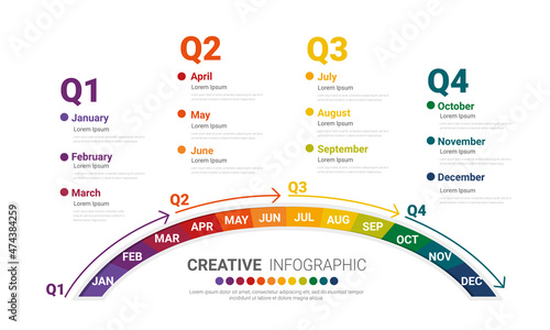 Half circle Infographic all month planners. Infographics for 12 months, 1 year business concept. Can be used for presentations banner, workflow layout, process diagram, flow chart.