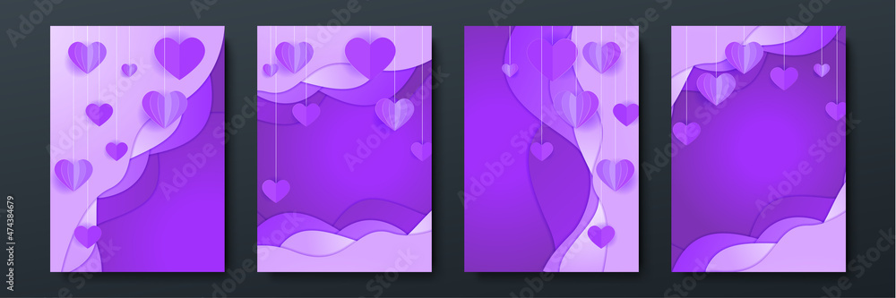 Fototapeta premium Valentines sale vector banner template. Valentines day store discount promotion with white space for text and hearts elements in purple background. Vector illustration.