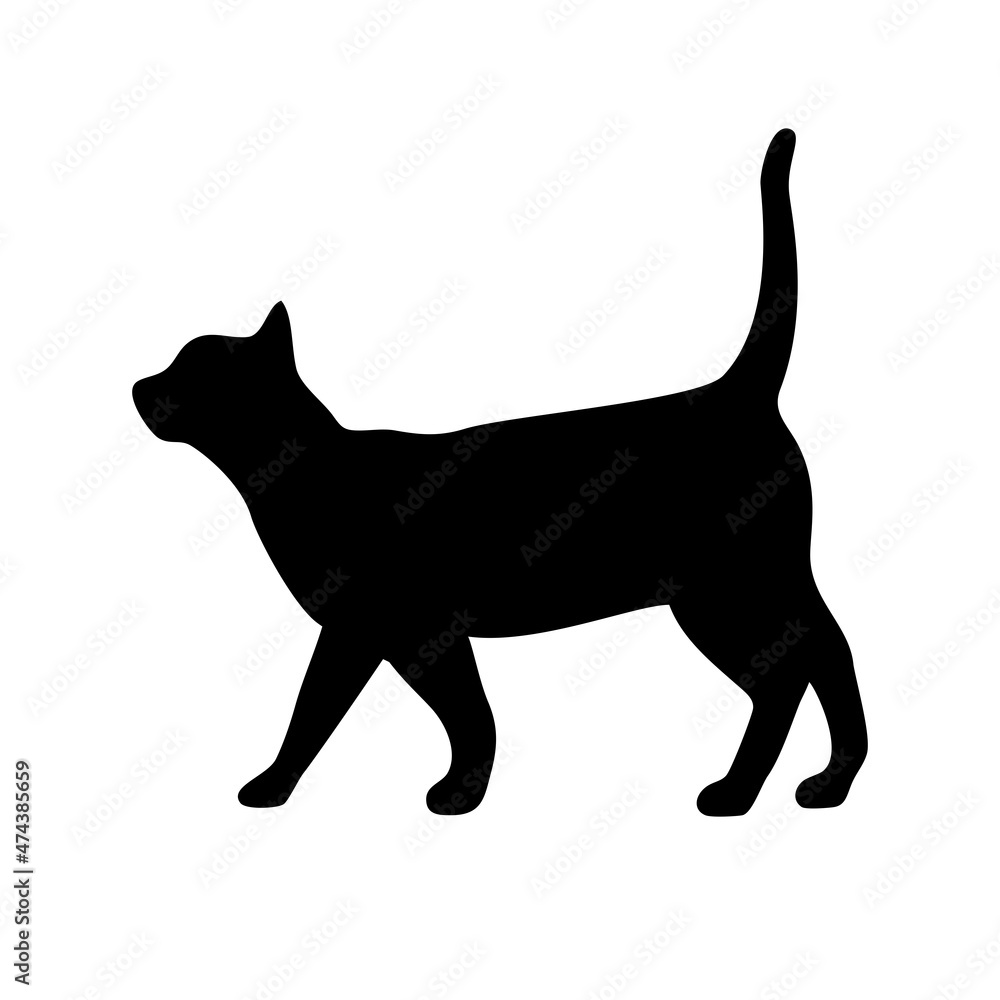 Walking domestic cat black silhouette icon vector. Black pet cat from side silhouette icon vector isolated on a white background