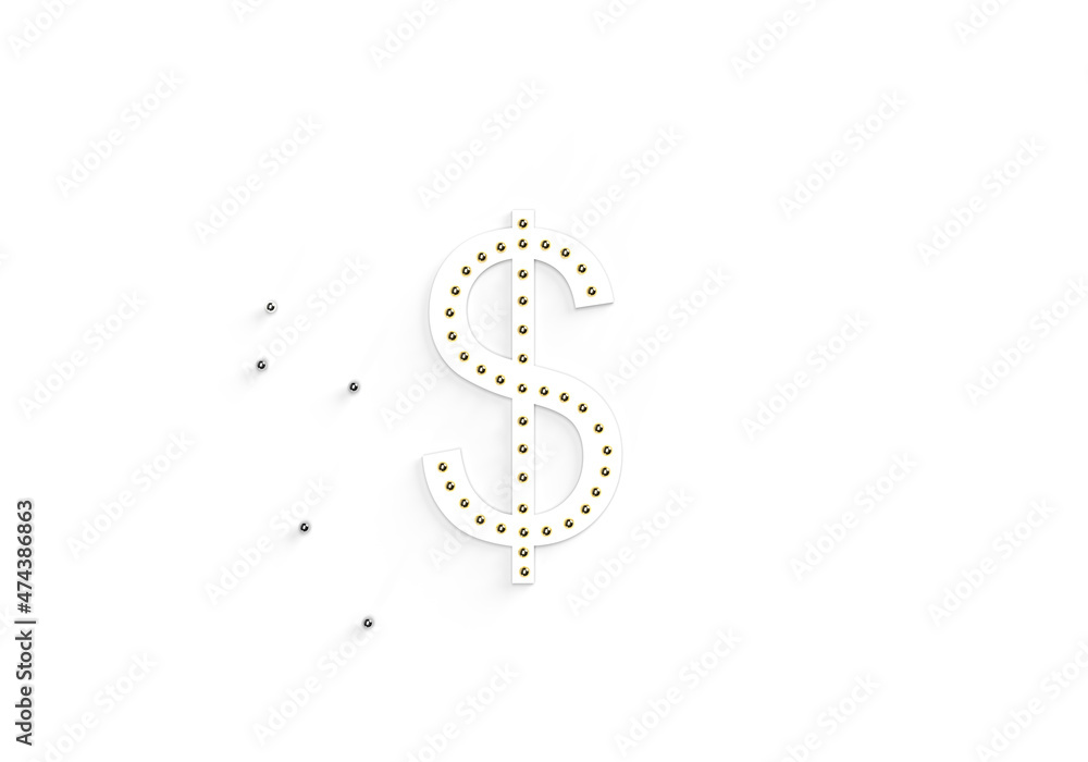 Dollar symbol on a white background. There is a pattern of golden balls on the figure. Composition on the topic of investments, money, bank, analysis, loan, deposit. 3d rendering, white background. Dollar symbol on a white background. There is a pattern of golden balls on the figure. Composition on the topic of investments, money, bank, analysis, loan, deposit. 3d rendering, white background.