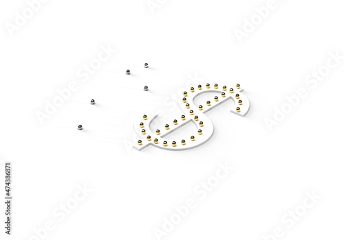 Dollar symbol on a white background. There is a pattern of golden balls on the figure. Composition on the topic of investments, money, bank, analysis, loan, deposit. 3d rendering, white background.