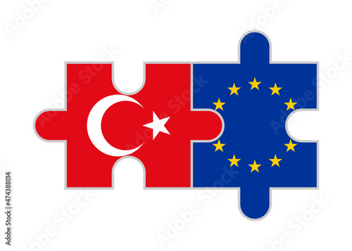 puzzle pieces of turkey and europe flags. vector illustration isolated on white background