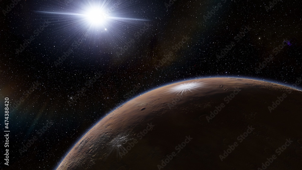 Planets of deep space in light of red and blue stars. Science fiction 3d illustration