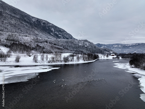 Winter landscape from Norway, Hallingdal. Cold and snow. Shot with a drone high up in the sky. DJI mavic 3.