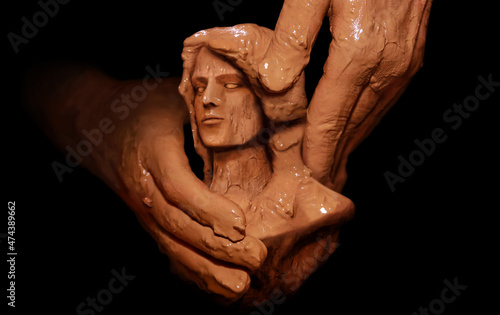 Bilde på lerret Hands of God creating man from clay. Religious conceptual theme.