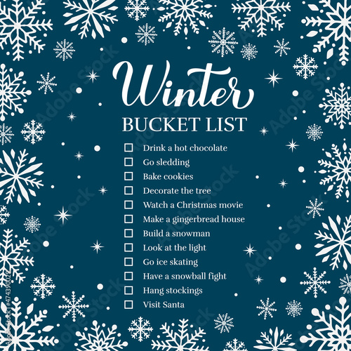 Winter bucket list. Funny things to do checklist. Seasonal activity planner. Holidays wish list. Easy to edit vector template.
