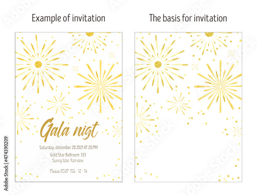 Fireworks, fireworks, golden sparks watercolor background invitation layout. Holiday, party, fun theme. Perfect for New Year, Wedding, Bachelorette Party, Anniversary, Birthday.