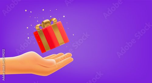 Human hand catching the gift box. 3d style vector banner with copy space