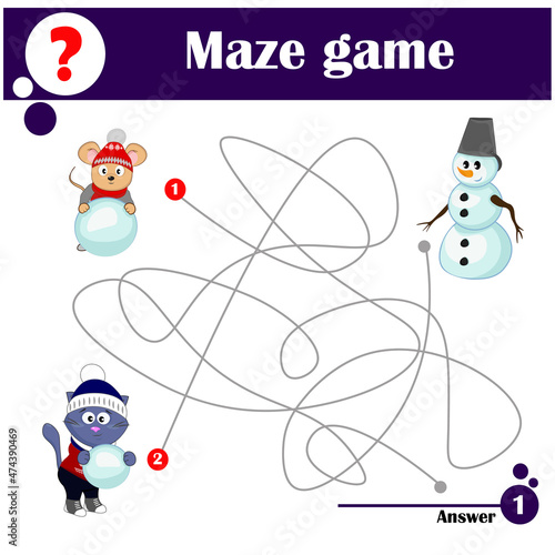 Maze game for kids: help cat and mouse to find snowman