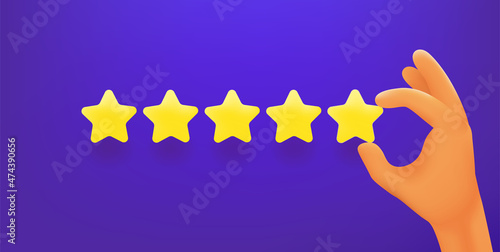 Making five star evaluation. Hand holding stars in a hand. 3d vector illustration