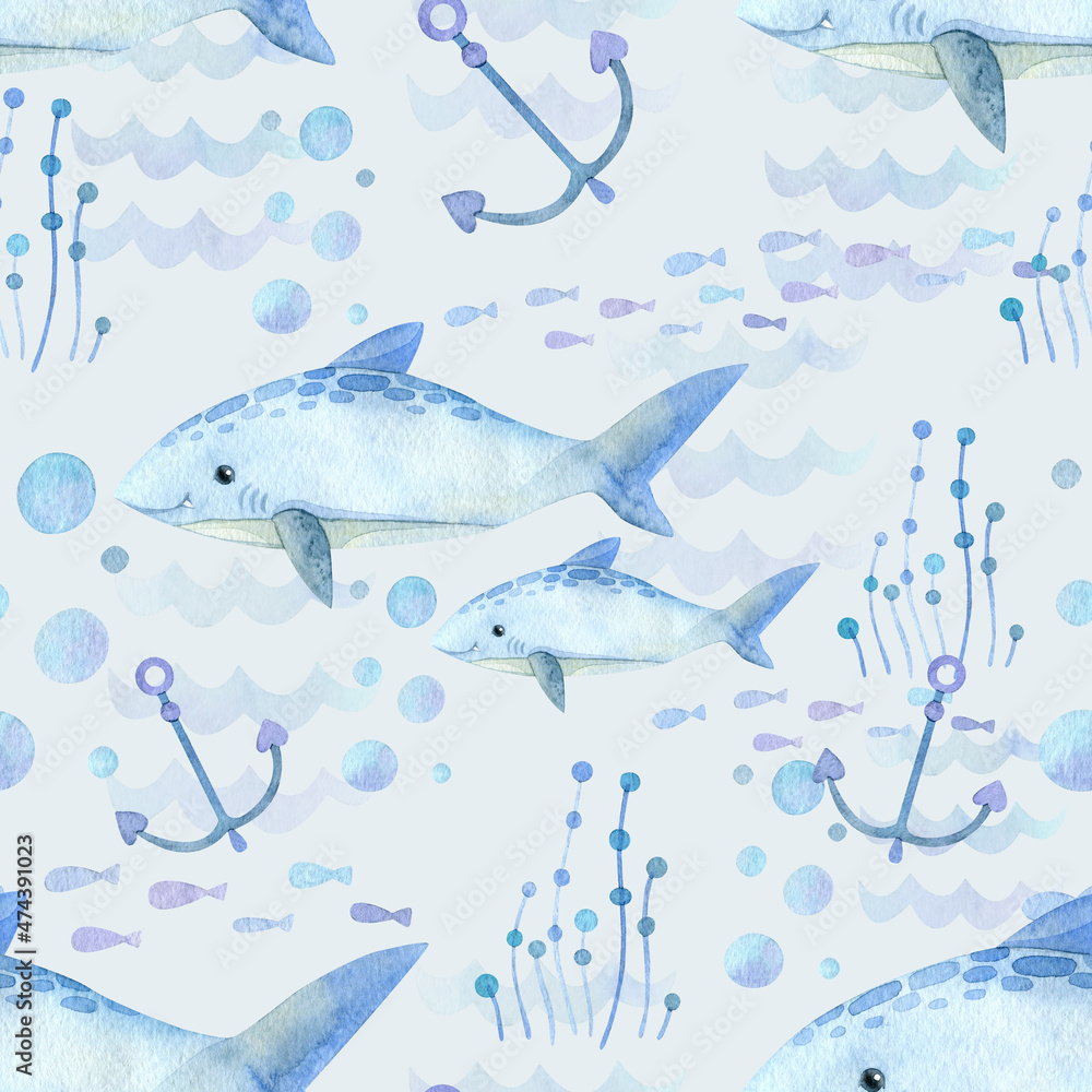 Seamless pattern. Watercolor with marine life. Cartoon exotic fish, shark, seaweed, anchor Seamless pattern. Watercolor with marine life. Cartoon exotic fish, shark, seaweed, anchor