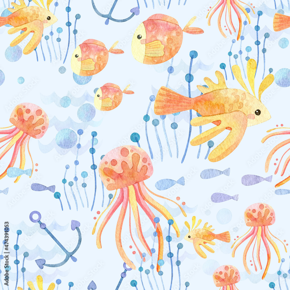 Seamless pattern. Watercolor with marine life. Cartoon exotic fish, stars, seaweed, anchor