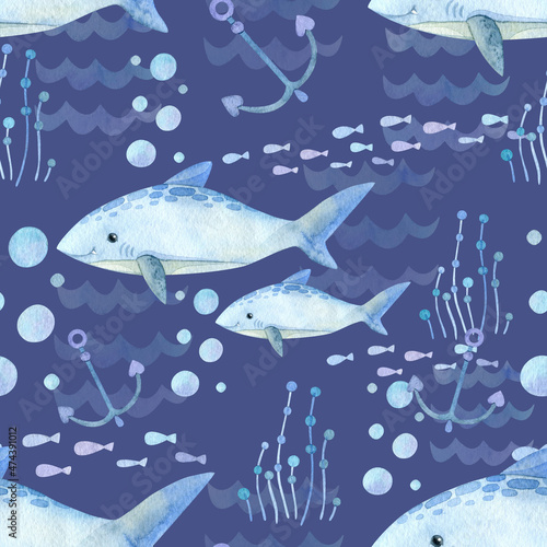 Seamless pattern. Watercolor with marine life. Cartoon exotic fish, shark, seaweed, anchor