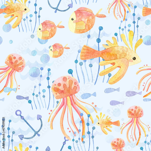 Seamless pattern. Watercolor with marine life. Cartoon exotic fish  stars  seaweed  anchor