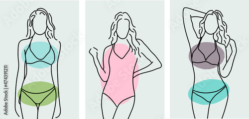 Collection of minimalistic portraits of women in swimwear with colored geometric shapes on background
