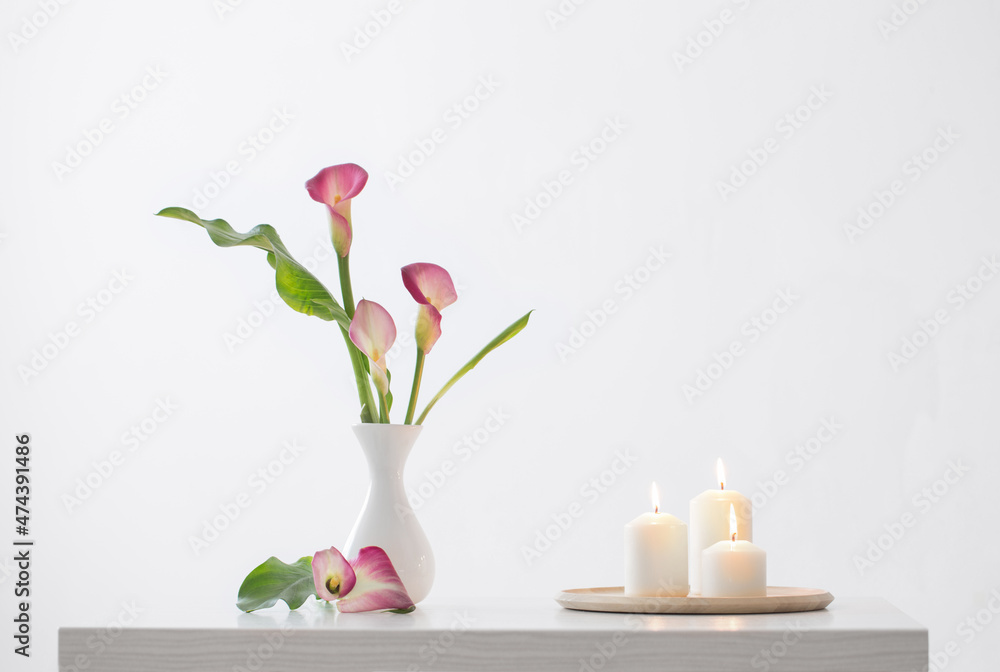 pink calla lily in vase  and burning candles on white background