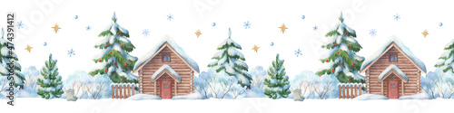 Christmas border with wooden house and snow covered fir trees. Hand-painted watercolor border with country landscape © ANNA