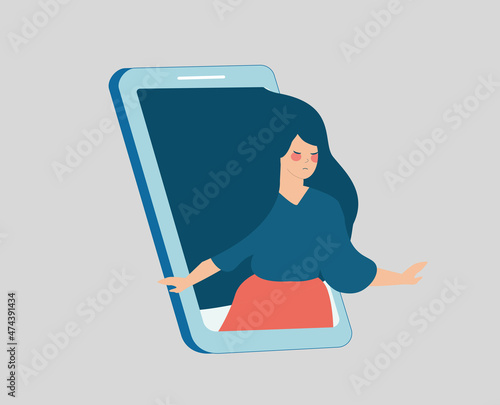 Vulnerable woman runs out of her cellphone. Girl feels solitude and loneliness on social media through mobile. Online network influence on mental health and psychological wellness. Vector illustration