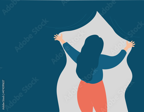 Young woman in back view opens a curtain to discover the truth. A girl opens a cover to see the light. Female with mental illness looks for a solution. Psychological problems, future planning concept.