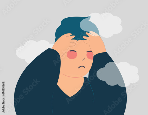 Depressed Young man with a clouded mind feels sad. Stressed teenager male suffers from Alzheimer or temporary memory loss. Mental health disorders, anxiety, depression concept. Vector illustration.
