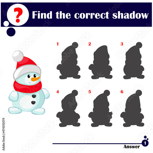 Vector illustration of shadow matching game with happy cartoon snowman for children
