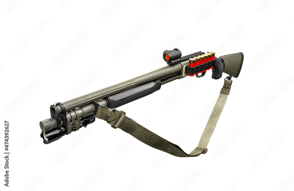 Khaki shotgun with red dot sight, shoulder strap and optional bandolier. Isolated on white back Khaki shotgun with red dot sight, shoulder strap and optional bandolier. Isolated on white back