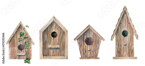 Print op canvas Watercolor set of wooden birdhouses