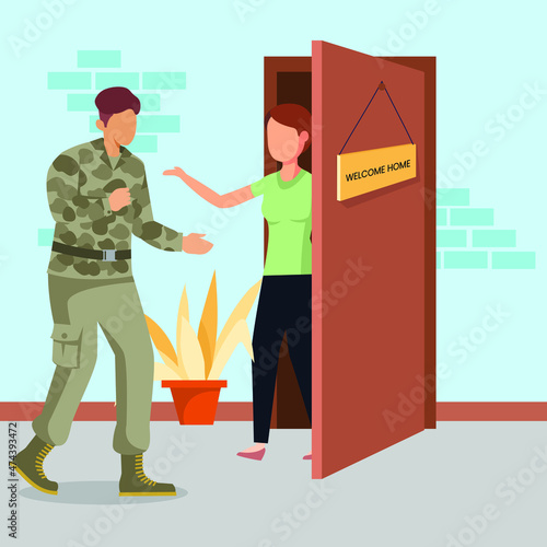 The soldier returned home after working for a long time and was immediately greeted warmly by his wife. Vector colorful illustrator. graphic. simple. design. vector. illustrator. illustration