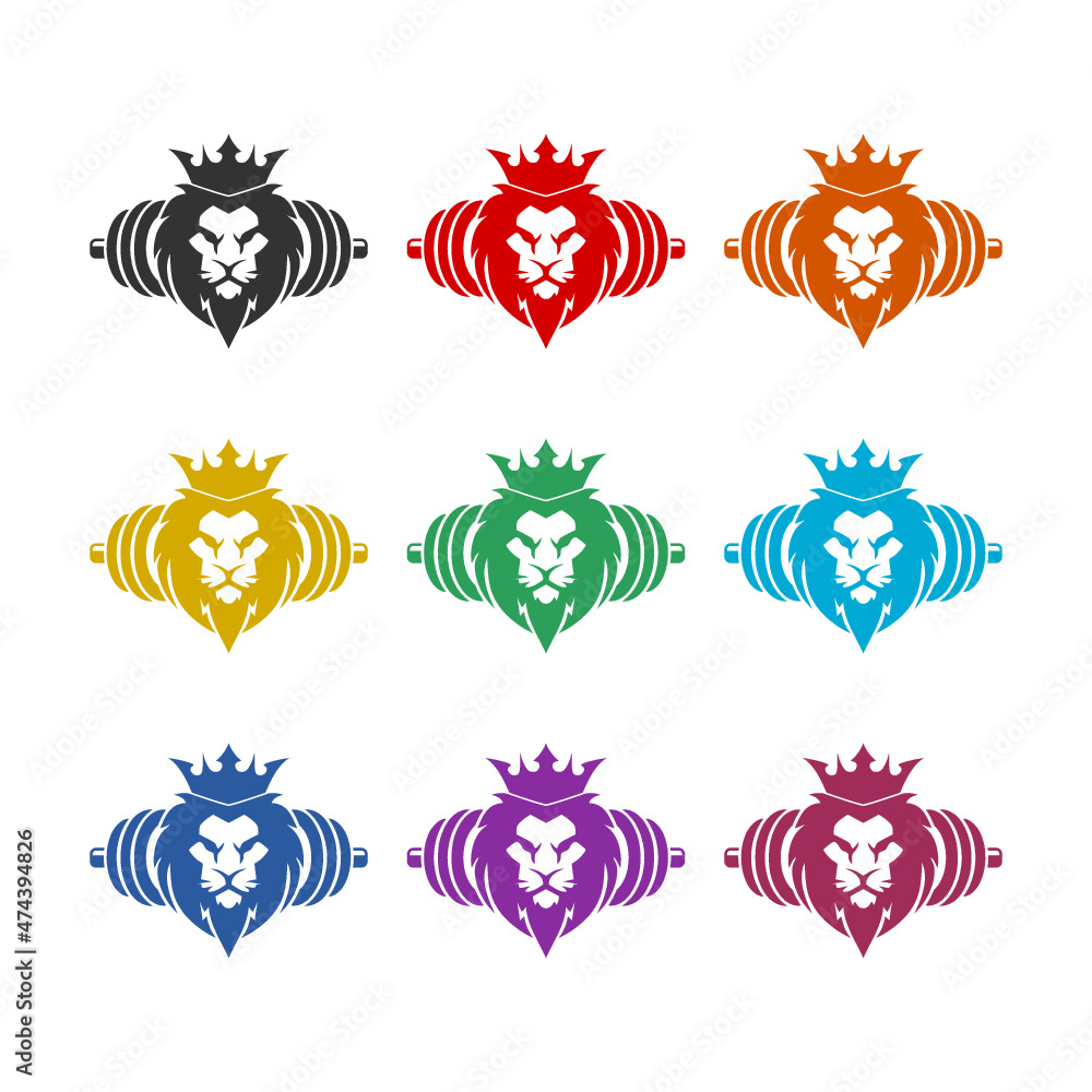 Fototapeta premium Lion gym icon isolated on white background, color set