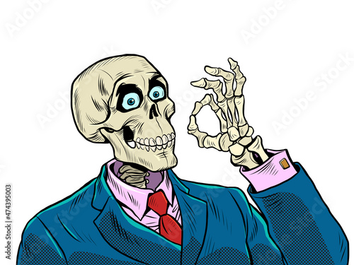Skeleton businessman ok gesture, good business, positive dead man. business survival