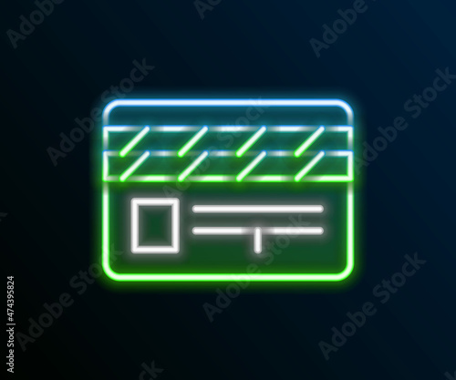 Glowing neon line Movie clapper icon isolated on black background. Film clapper board. Clapperboard sign. Cinema production or media industry. Colorful outline concept. Vector