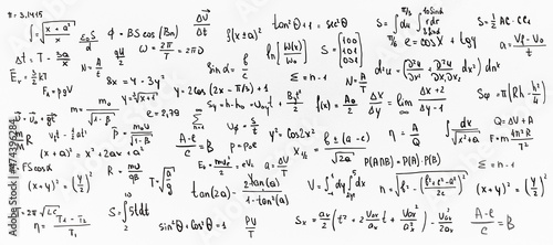 mathematical formulas calculations numbers equations and calculations written by hand in black marker on a white board, school banner background learning and education concept