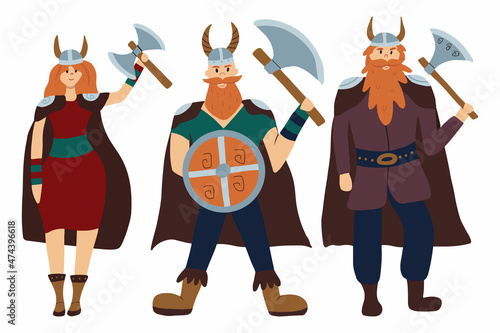 Vector set of vikings with axes. Childrens set of viking characters.