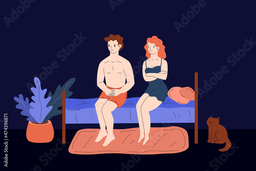 impotence and erectile dysfunction. Impotency. sad woman and man in bed at night after bad sex. prostatitis and prostate cancer. soft flaccid penis is frustrating for the patient. stock vector. photo