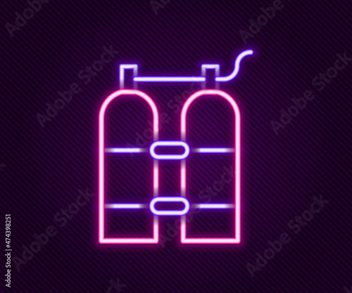 Glowing neon line Aqualung icon isolated on black background. Oxygen tank for diver. Diving equipment. Extreme sport. Diving underwater equipment. Colorful outline concept. Vector
