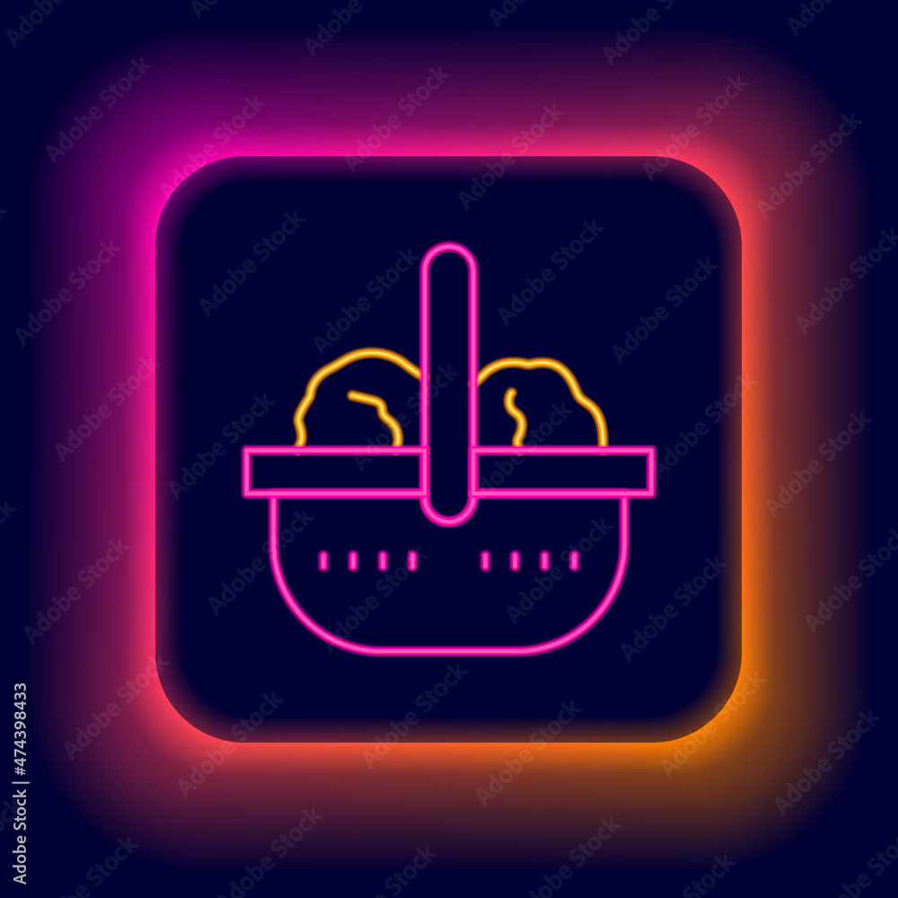 Glowing neon line Shopping basket and food icon isolated on black background. Food store, supermarket. Colorful outline concept. Vector