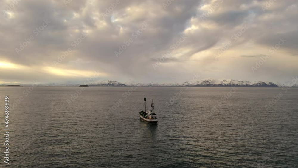 Aerial view of boat in Iceland. Snowy mountains in the background. Aerial view of boat in Iceland. Snowy mountains in the background.